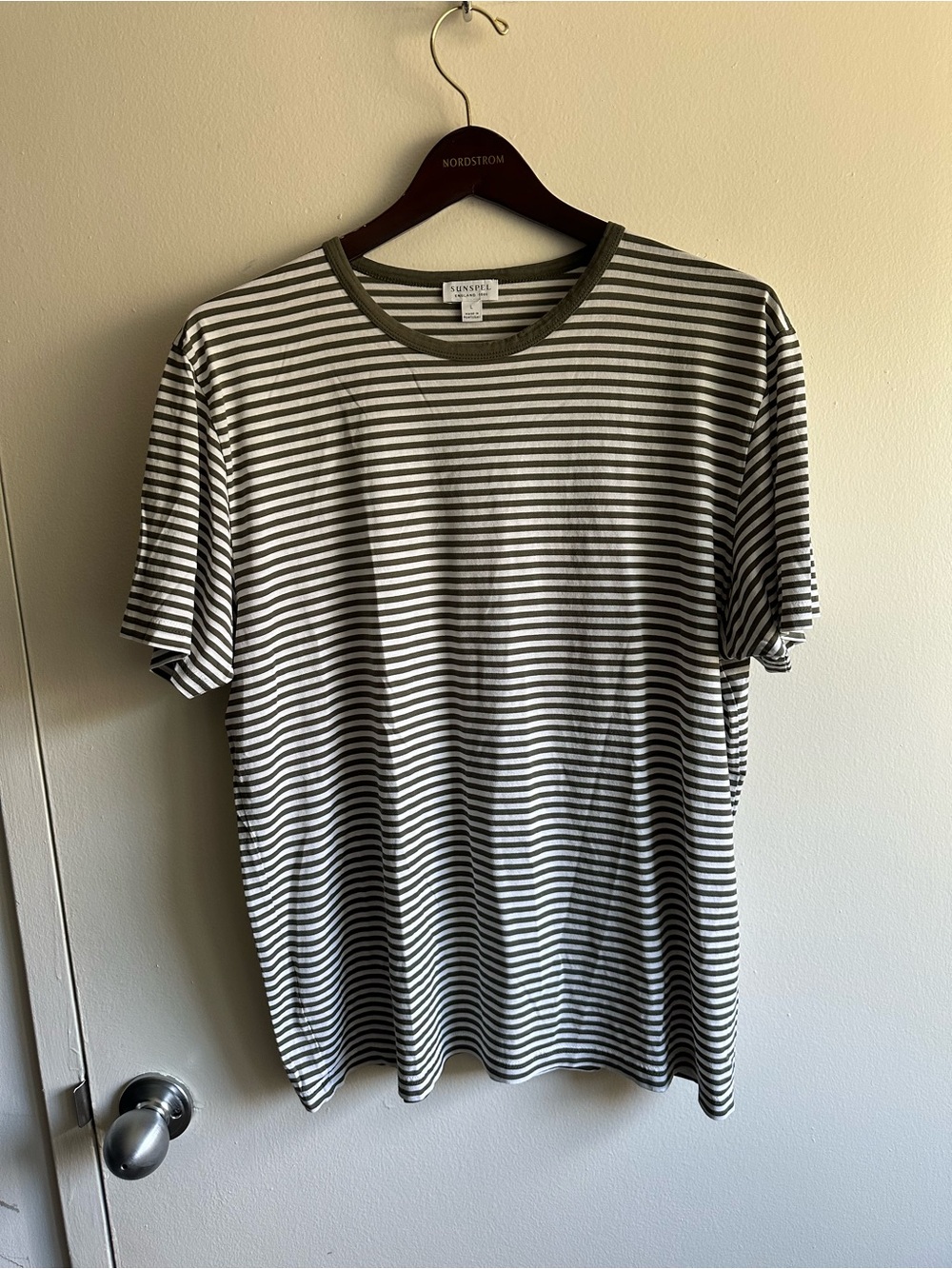 Sunspel Olive & White Striped Crewneck Tee US L